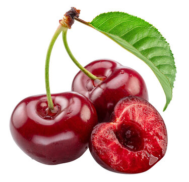 Sweet cherries with green leaf and half of pitted cherry isolated on white background. Cut out PNG file.