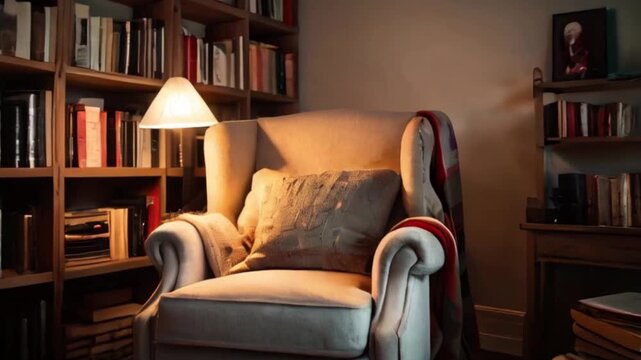 Cozy Hygge Reading Nook Curl up with a good book and a warm blanket. An oversized armchair beckons surrounded by stacked bookshelves and vintage lamps. created with generative ai
