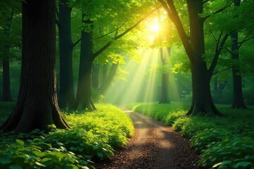 Sun-dappled forest path winds through lush green canopy, sunlight filtering through leaves, creating a magical atmosphere Perfect for nature, travel, or fantasy themes , shadow, spring, ecology