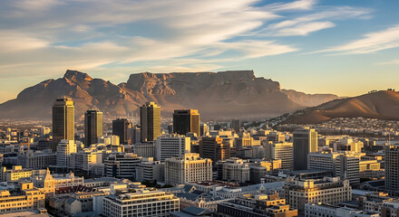 Stunning Aerial View of Cape Town Cityscape with Table Mountain at Sunset