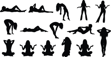 Silhouettes of diverse female figures performing yoga, dance, and relaxation poses on white background, ideal for artistic design projects