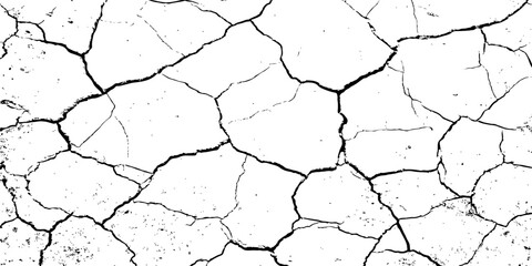 A stark, high-contrast black and white texture of deeply cracked and dry earth, featuring a dense network of thick, irregular black lines forming a grunge pattern against a pure white background.