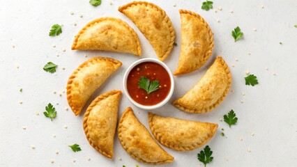 Savory Empanadas Served with Dipping Sauce An Appetizing Arrangement of Fried Turnovers for a Party