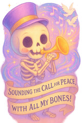 Sounding the Call for Peace – Cute Skeleton Bugler with Doves in Whimsical Pastel Style