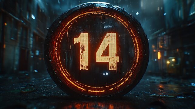 Number fourteen displayed on a glowing circular object.