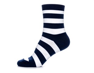 Striped navy blue and white socks on a mannequin foot