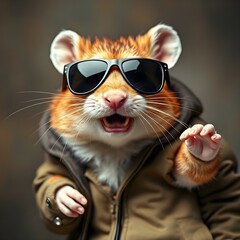 Hamster in streetwear and oversized sunglasses, with gold teeth and bling, funny gangster pose