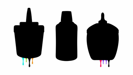 Obraz premium Three black bottle silhouettes with colorful drips on a white background in a simple vector art style