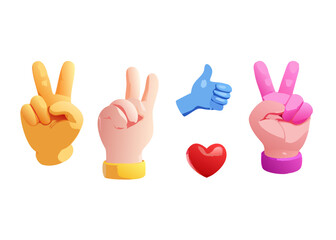 Obraz premium 3d hand gestures icon set. Funny arm expressing different emotions. Thumbs up, palm, peace sign and heart. Design Elements for Social Media. Realistic vector illustration isolated on background 