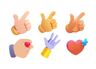 Obraz premium 3d hand gestures icon set. Funny arm expressing different emotions. Thumbs up, palm, peace sign and heart. Design Elements for Social Media. Realistic vector illustration isolated on background 