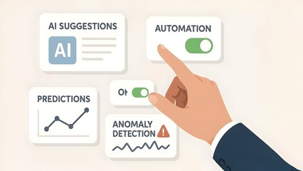 Business Hand Adjusting Floating AI Interface Panels with Automation Controls