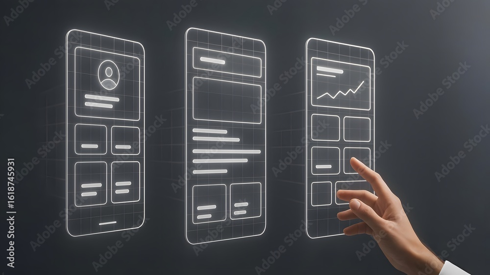 Wall mural floating 3d app wireframes rotating as designer gestures through layouts