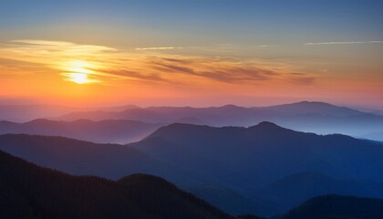 serene sunrise over mountain ridges with layered horizon and soft glowing sky