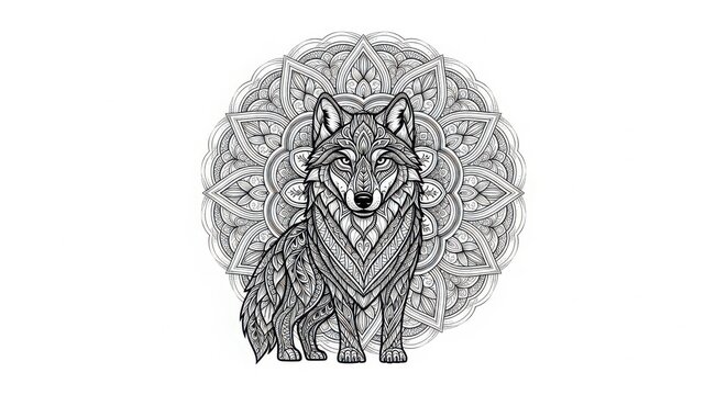 Intricate mandala wolf illustration with geometric patterns