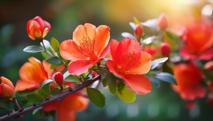stunning vibrant red and orange floral blossoms on a green leafy branch beautiful botanical nature background with soft focus and serene vibe