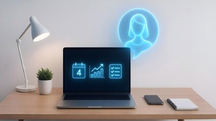 Modern Desk Setup with Floating Holographic AI Assistant and Task Management Interface