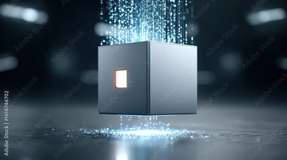 Wall mural visual data story concept, a futuristic metallic cube releasing streams of light and particles in a 