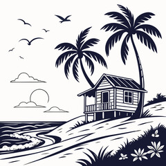 Tropical hut on beach with palm trees and waves, silhouette vector art