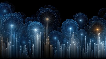 Visual data story concept, Abstract digital art featuring luminous shapes resembling fireworks against a dark background.
