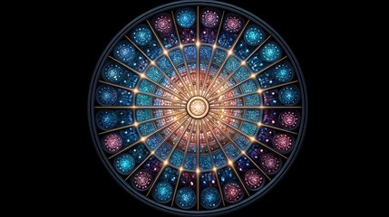 Visual data story concept, Intricate stained glass design featuring a circular pattern with vibrant colors and detailed motifs.