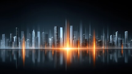 Visual data story concept, Futuristic city skyline illuminated by orange lights against a dark backdrop.