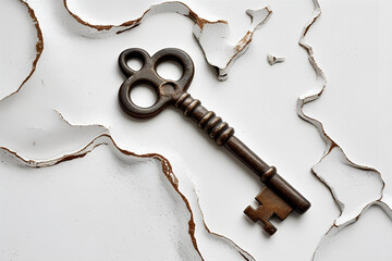 Antique Key on a White Cracked Surface
