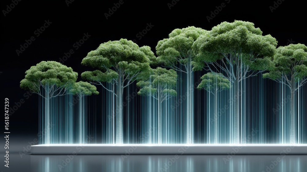 Wall mural visual data story concept, modern interpretation of trees illuminated by light, creating a surreal l