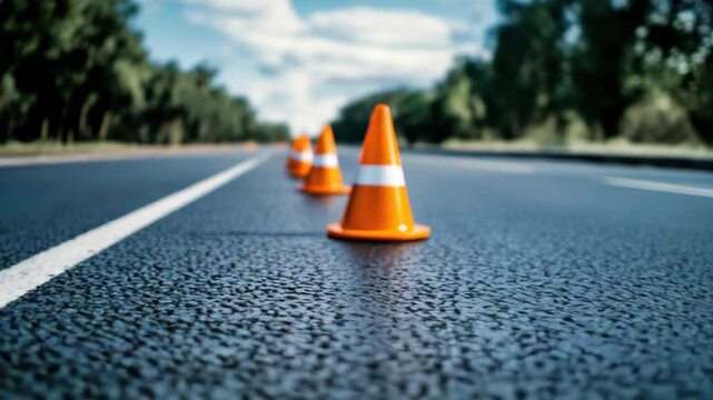 Row of orange traffic cones on paved road Asphalt and greenery in background