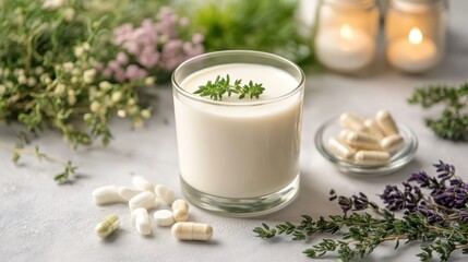 Fresh Herbal Milk with Supplements and Natural Ingredients on Marble