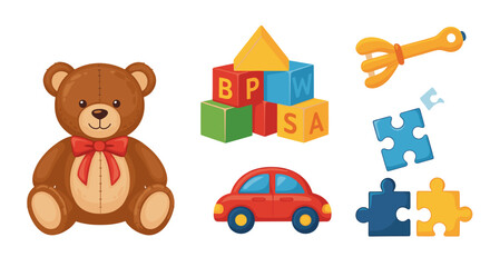Adorable Brown Teddy Bear Building Blocks Red Car and Puzzle Pieces Isolated on White Background