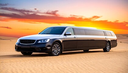 Obraz premium Luxurious limousine in desert at sunset