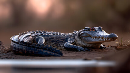 Fototapeta premium Crocodile On Riverbank In Sunlight