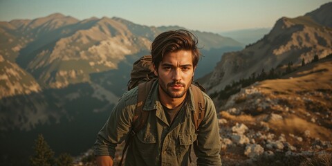 A man with a backpack stands in front of a mountain range on a sunny day with a serious expression