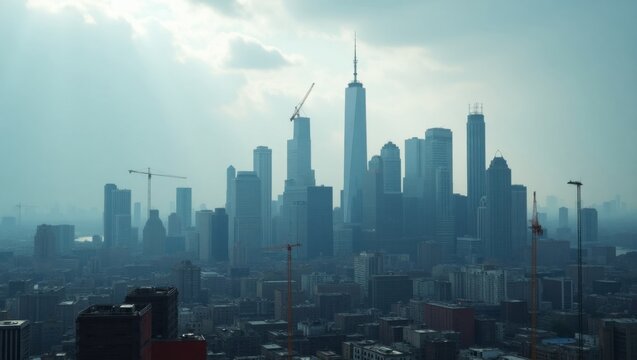 Majestic Urban Skyline Under a Hazy Sky with Towering Skyscrapers and Construction Cranes Dominating the Landscape