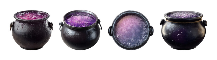 Set of cauldron with bubbling potion in purple color tone for Halloween, isolated on transparent background.