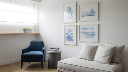 Serene modern living room with plush blue armchair, neutral sofa, and calming botanical art, creating a tranquil oasis.