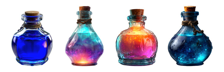 Set of glowing glass potion bottles with cork lid in blue and rainbow color tones for Halloween, isolated on transparent background.