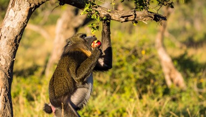 Mandrill One-Hand Grip on Tree Branch