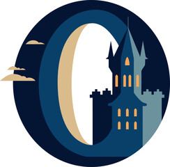 Blue castle with glowing windows in big letter O (vector)
