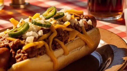 Juicy Grilled Hot Dogs with Colorful Toppings on National Hot Dog Day Against Summer BBQ Backdrop with Copy Space