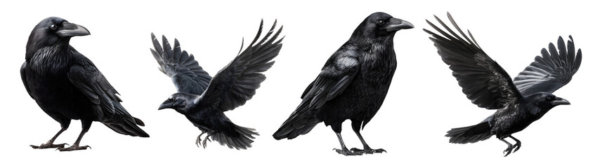 Set of black raven for Halloween, isolated on transparent background.