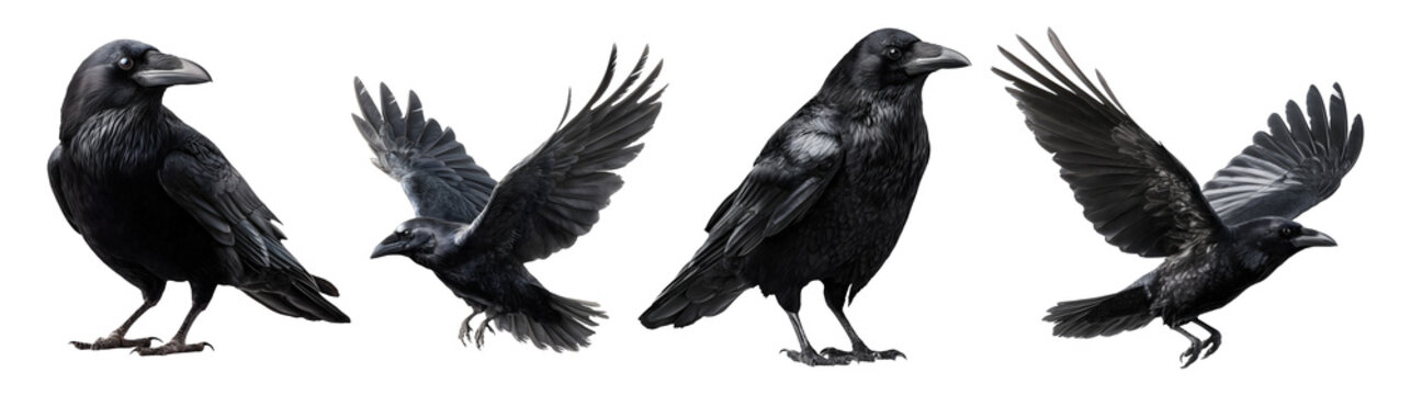 Set of black raven for Halloween, isolated on transparent background.