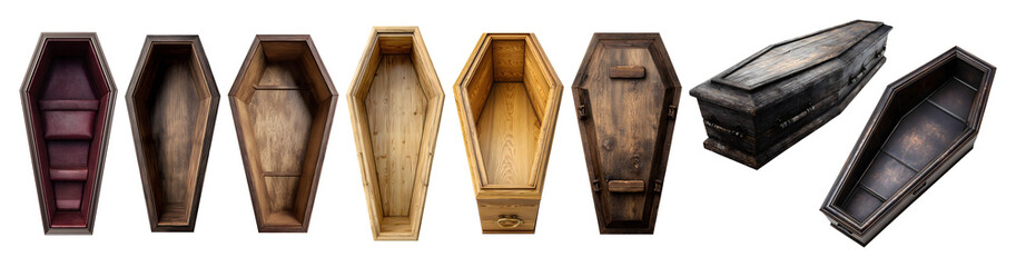 Set of empty opened wooden coffins for Halloween, isolated on transparent background.