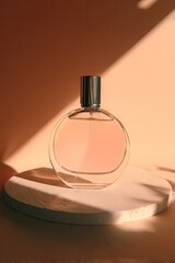 A perfume bottle sits on a light beige pedestal.