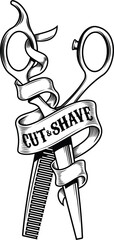 a vector illustration of a scissor and ribbon for barber shops