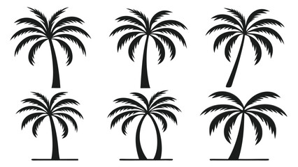 Fototapeta premium Clean vector silhouettes of tropical palm trees: six variations, simple, elegant, and minimalist design for summer vacation themes.