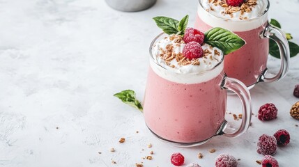 Fresh Raspberry Smoothie with Cream and Crunchy Topping in Glasses
