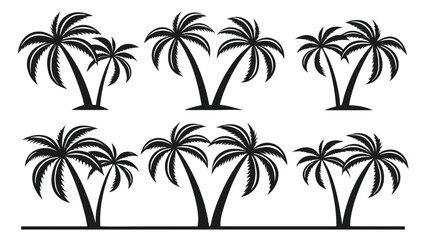 Collection of clean, stylized black palm tree silhouettes; tropical vacation design elements; simple, elegant, and minimalist style.