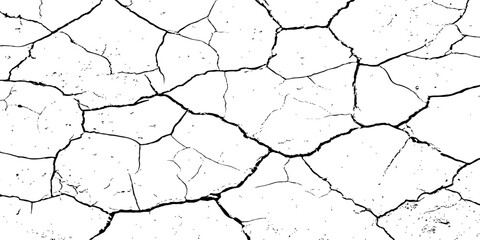 Black and white cracked texture resembling dried, parched earth with rough, jagged lines and scattered grunge details. Ideal for distressed backgrounds, erosion effects, or abstract design themes.