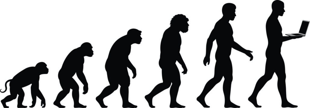 evolution silhouette, human evolution vector, monkey to man, evolutionary progress, caveman to modern man, technology evolution, walking silhouette, laptop use art